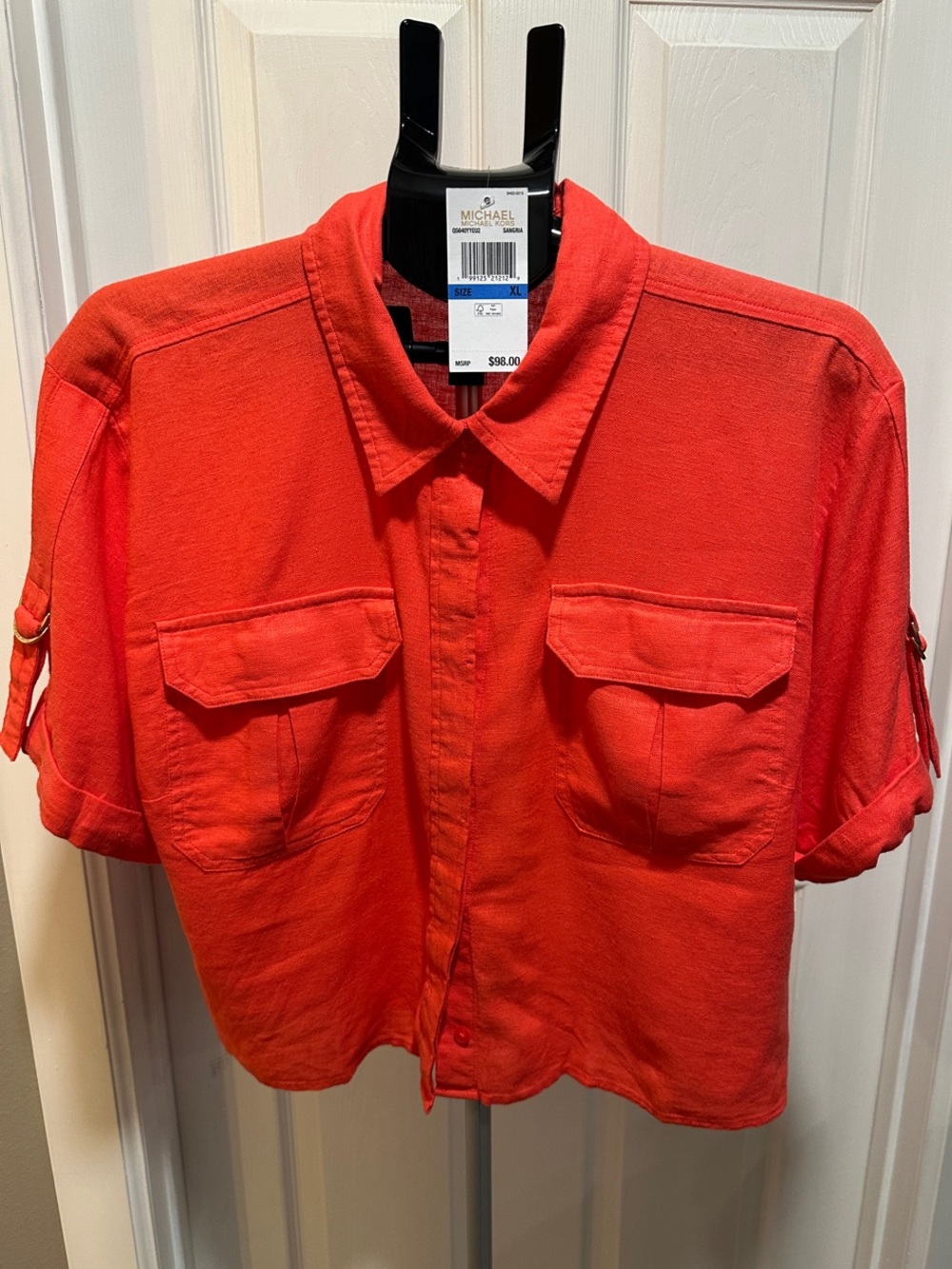 Michael Kors Bright Red Short-Sleeve Button-Down Shirt crop style